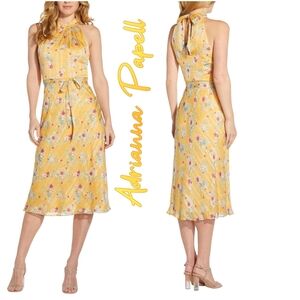 Adrianna Papell Yellow Floral Chiffon Bias Midi Dress Size 16 NWT